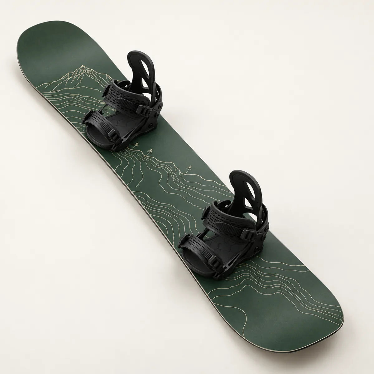 Forest-green Alpine 156 snowboard with cream contour graphics and black bindings, shown at a three-quarter angle