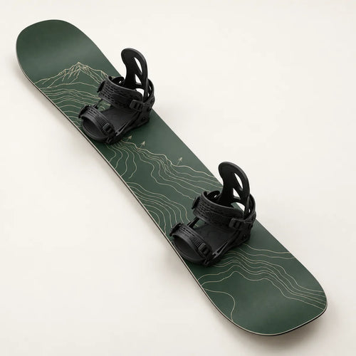 Forest-green Alpine 156 snowboard with cream contour graphics and black bindings, shown at a three-quarter angle