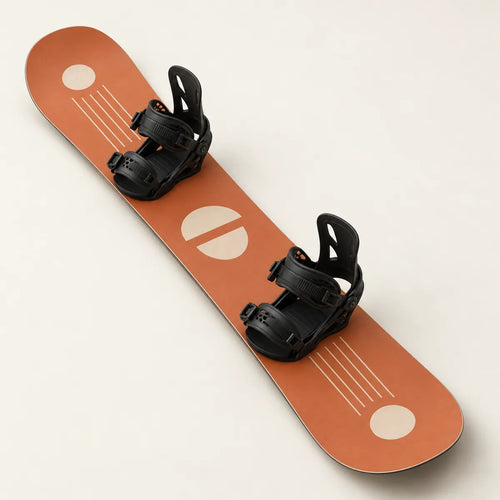 Burnt-orange Freestyle 154 snowboard with cream geometric graphics and black bindings, shown at a three-quarter angle