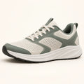 Cream and slate-green Tempo running shoe with breathable mesh, a white foam midsole and dark rubber outsole, side three-quarter view