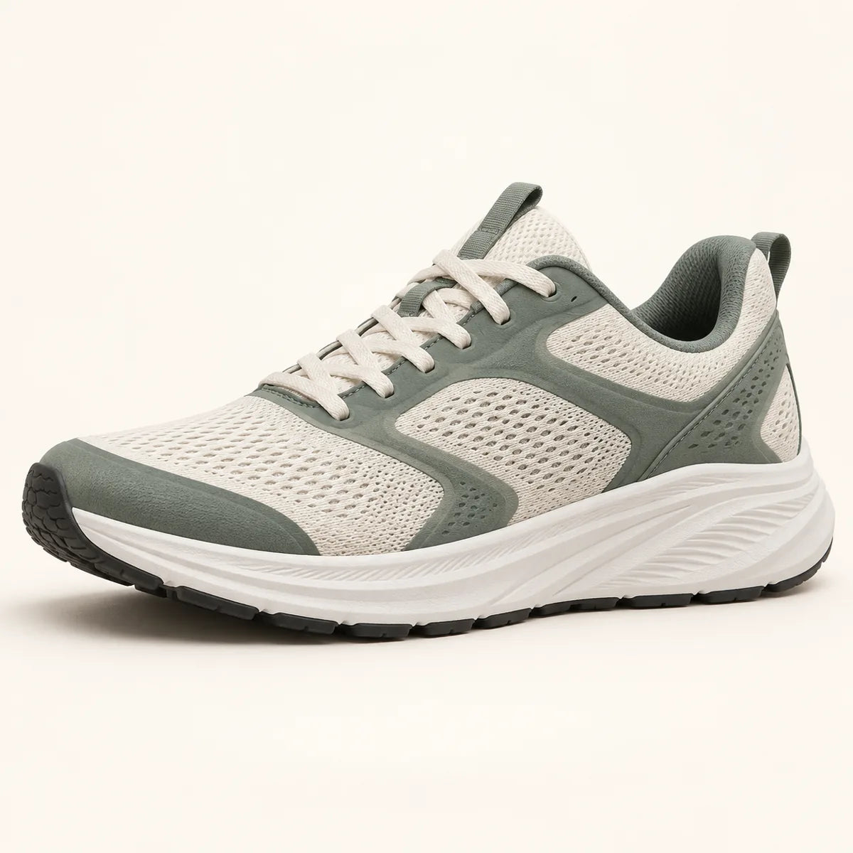 Cream and slate-green Tempo running shoe with breathable mesh, a white foam midsole and dark rubber outsole, side three-quarter view