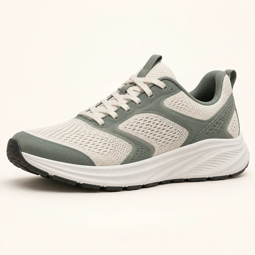Cream and slate-green Tempo running shoe with breathable mesh, a white foam midsole and dark rubber outsole, side three-quarter view